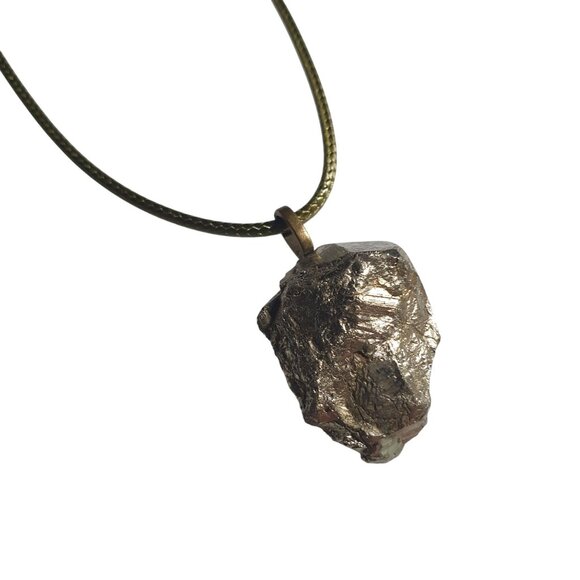 Raw Pyrite Stone Pendant Necklace Adjustable 17" To 19" Green Cord Chain Gift - Picture 1 of 4
